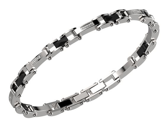 Bracciale in acciaio e nero uomo con diamanti